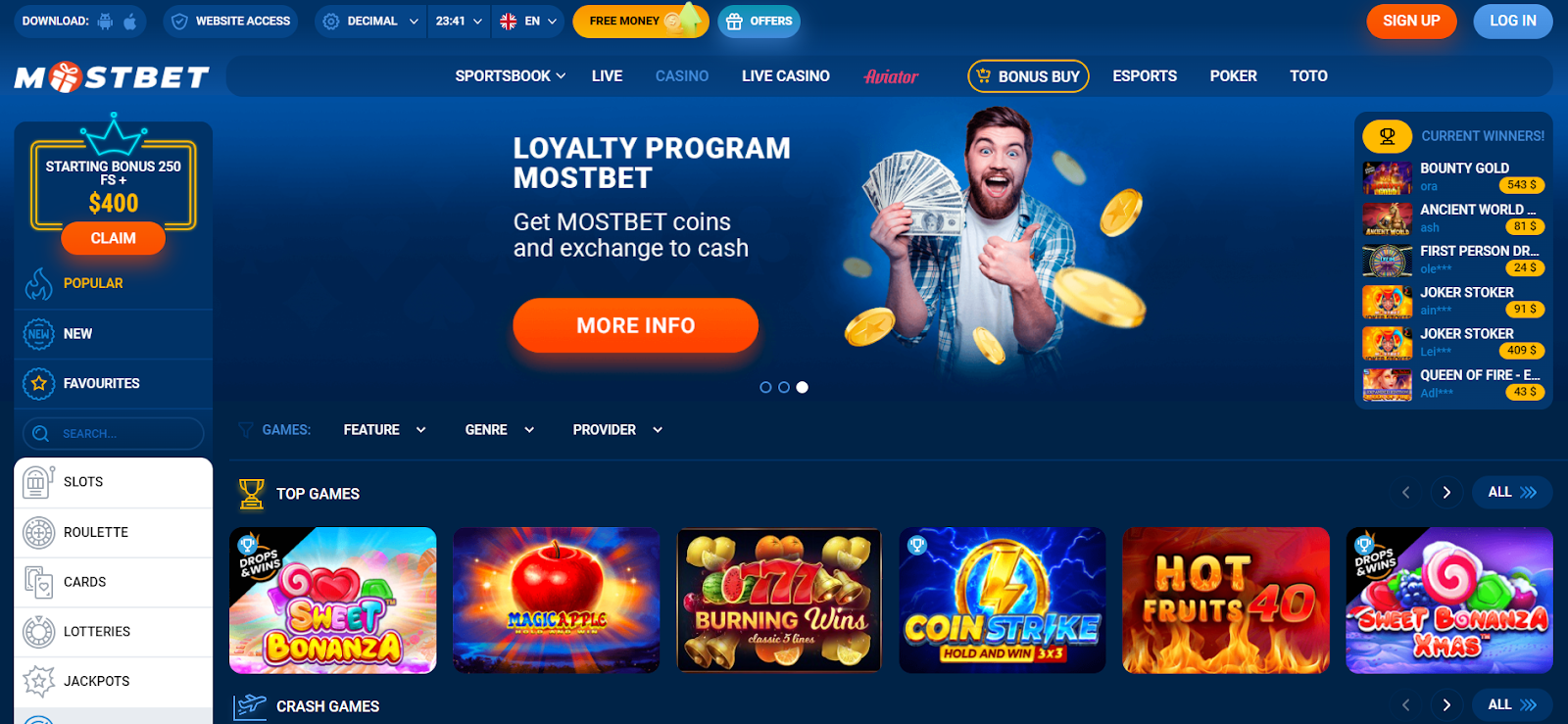 MostBet home page